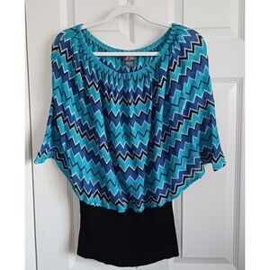 Jots Blouse Top Turquoise Black Aztec Chevron Print Round Neck Size XL